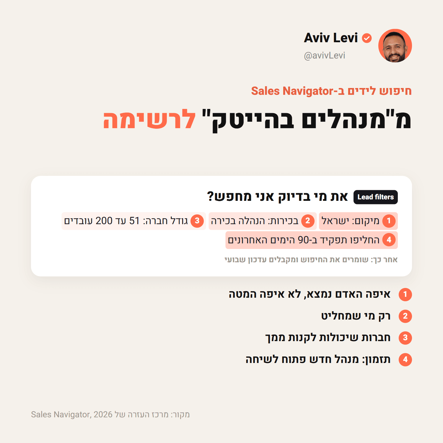חיפוש מקבלי החלטות בישראל ב-Sales Navigator: מיקום, בכירות, גודל חברה ופעילות אחרונה