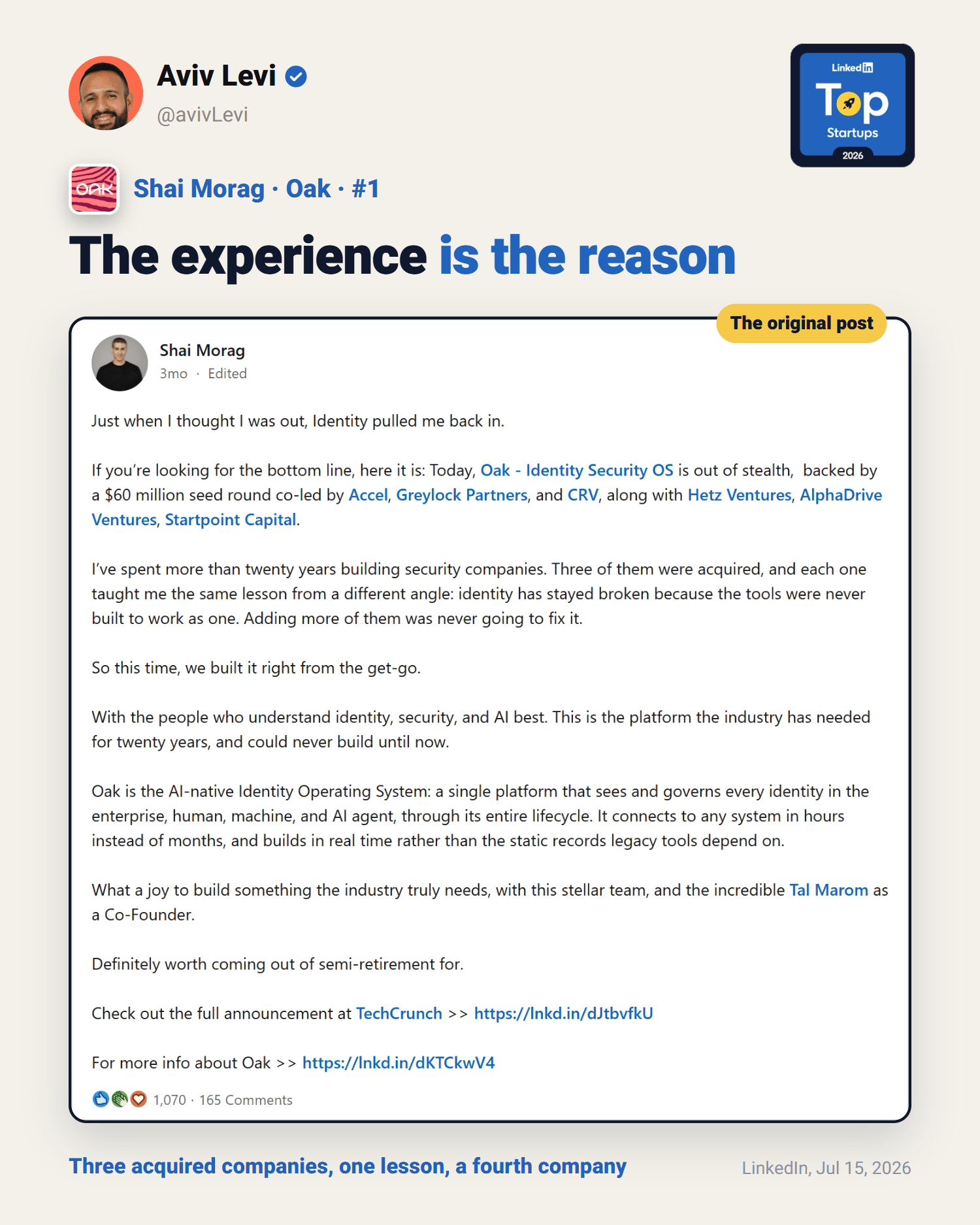 Shai Morag's launch post: three acquired companies, one lesson, and Oak